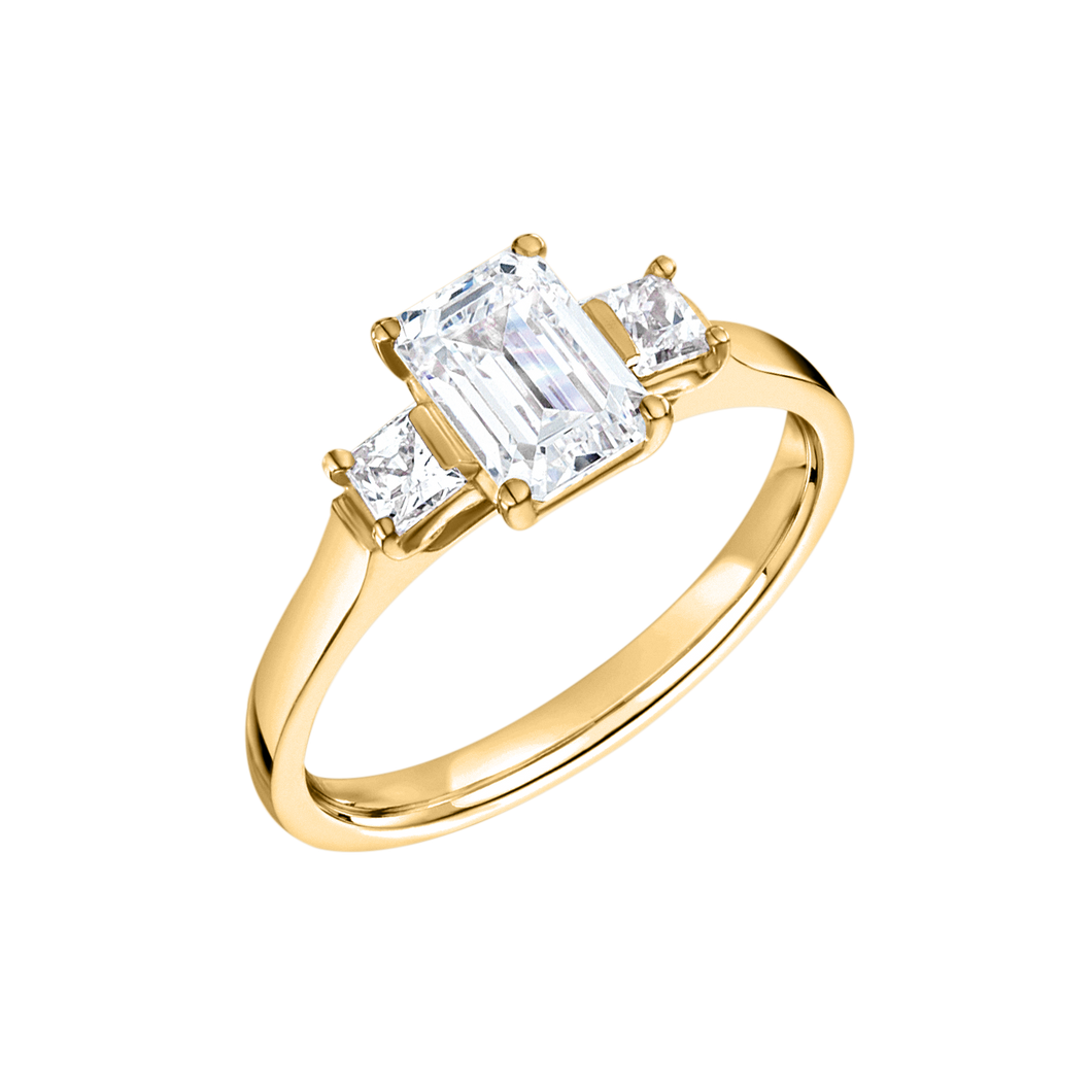 18ct YELLOW GOLD 0.50ct DIAMOND EMERALD CUT W/ 0.15ct PRINCESS CUT SIDE STONES