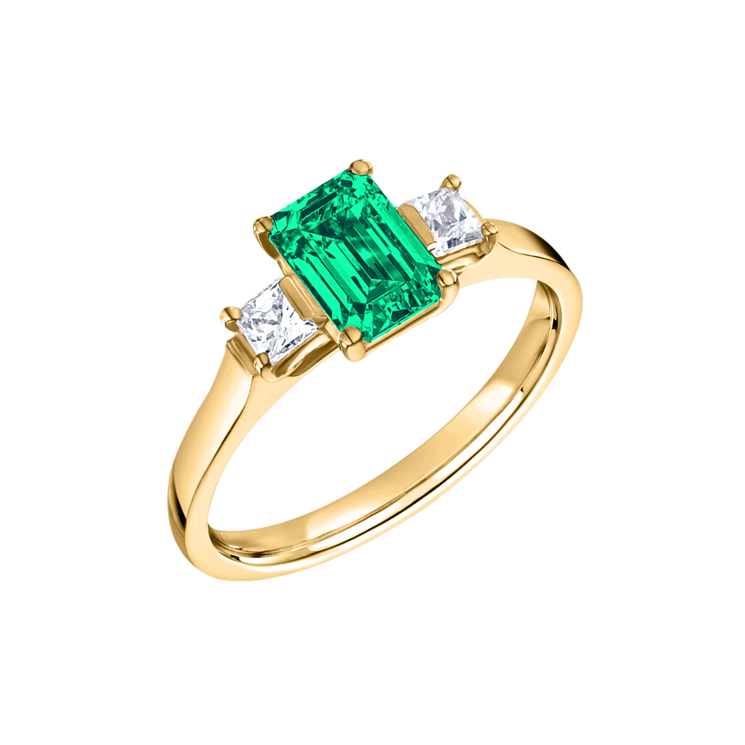 18ct GOLD 0.56ct EMERALD CUT EMERALD W/ 2 PRINCESS CUT SIDE DIAMONDS