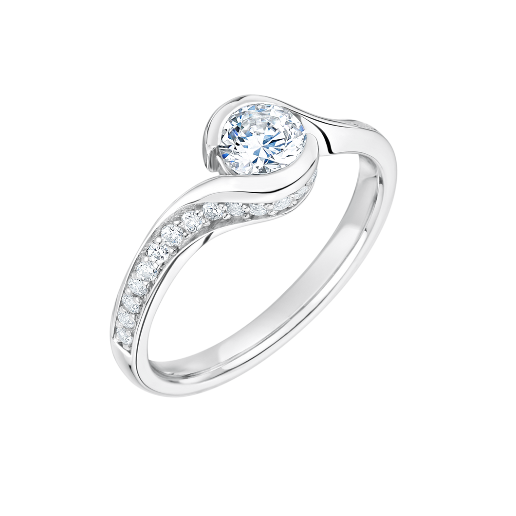 18ct WHITE GOLD 0.50ct ROUND CUT DIAMOND WITH ROUND DIAMONDS IN A TWIST