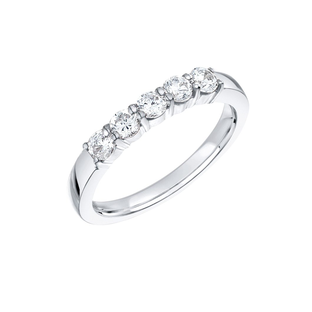 18ct WHITE GOLD ENGAGEMENT BAND W/ 5 ROUND CUT DIAMONDS TOTAL 0.50ct