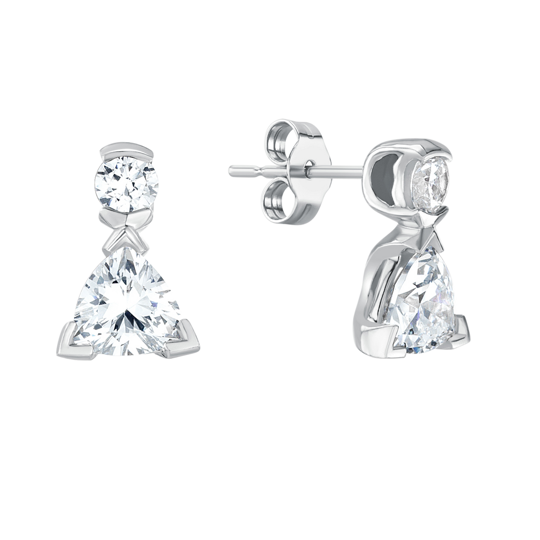 18ct WHITE GOLD EARRINGS 0.35ct TRILLIANT CUT DIAMOND W/ ROUND CUT DIAMOND ABOVE