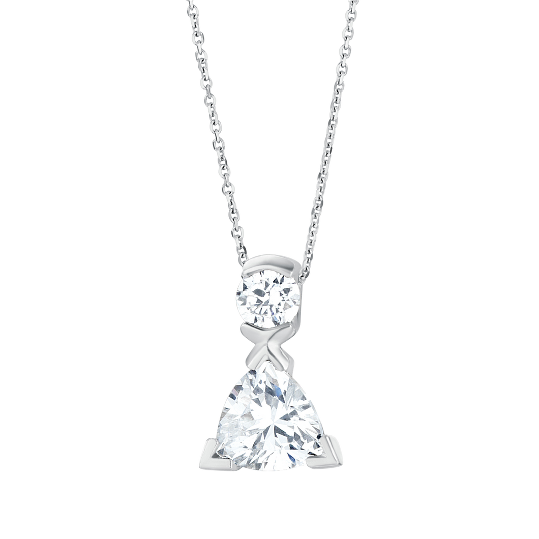 18ct WHITE GOLD NECKLACE 0.35 TRILLIANT CUT DIAMOND W/ ROUND DIAMOND SET ABOVE